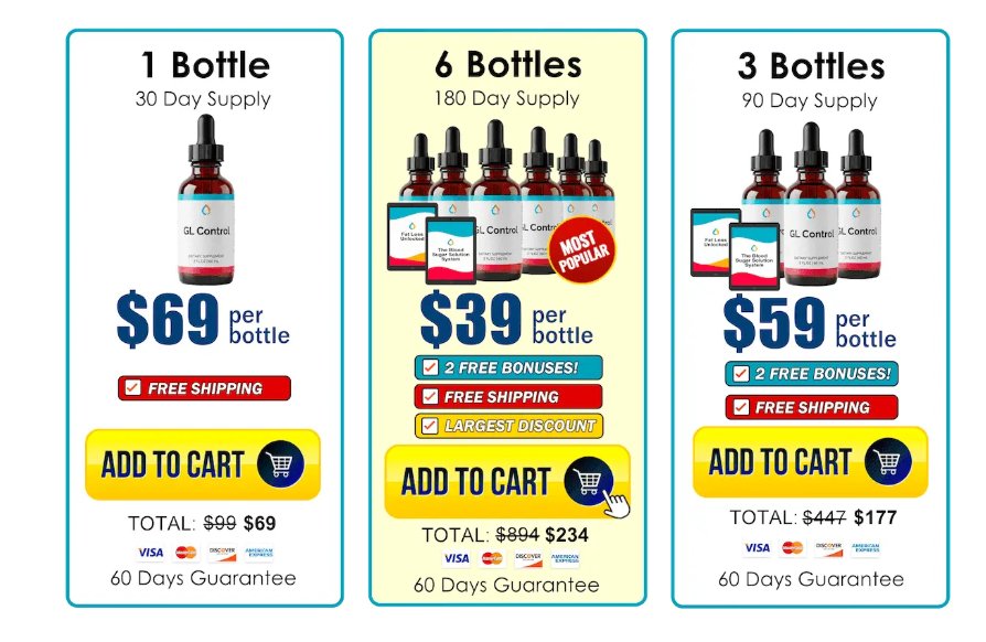 GL Control pricing — 1 bottle $69, 3 bottles $59 each, 6 bottles $39 each — free shipping, 60 day guarantee